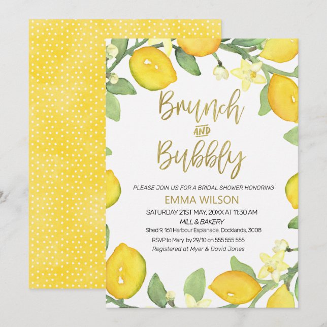 Lemon brunch and bubbly bridal shower invitation (Front/Back)