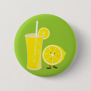 Lemon character standing next to lemonade 2 inch round button