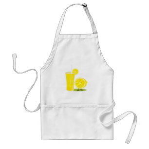 Lemon character standing next to lemonade standard apron