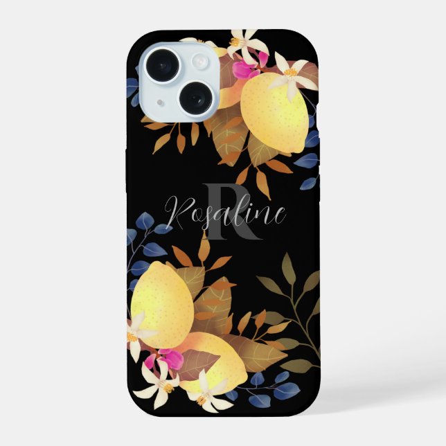 Lemon Chic Monogram Black iPhone 15 Case (Back)