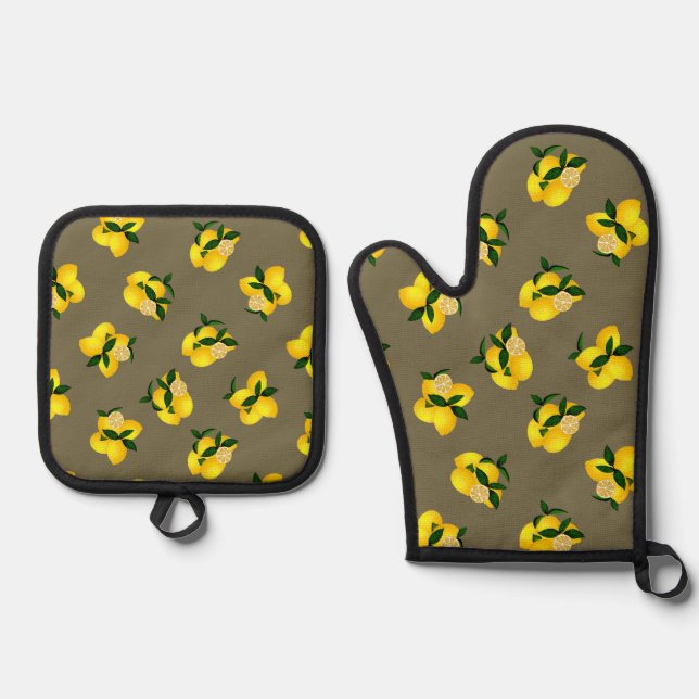 Lemon Chic Olive Oven Mitt & Pot Holder Set (Front)