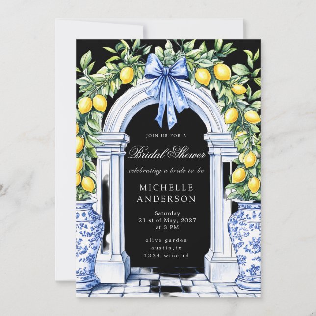 Lemon Chinoiserie Vintage Floral Bridal Shower Invitation (Front)