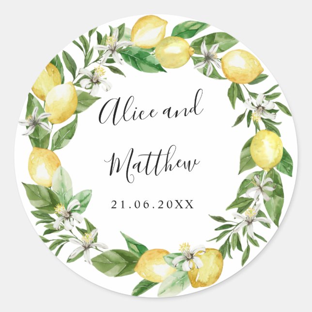 Lemon Citrus and leaves wedding monogram Classic Round Sticker (Front)