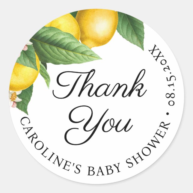 Lemon Citrus Baby Shower Thank You  Classic Round Sticker (Front)
