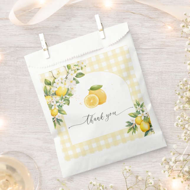Lemon Citrus Baby Shower Yellow Gingham Favour Bag (Clipped)