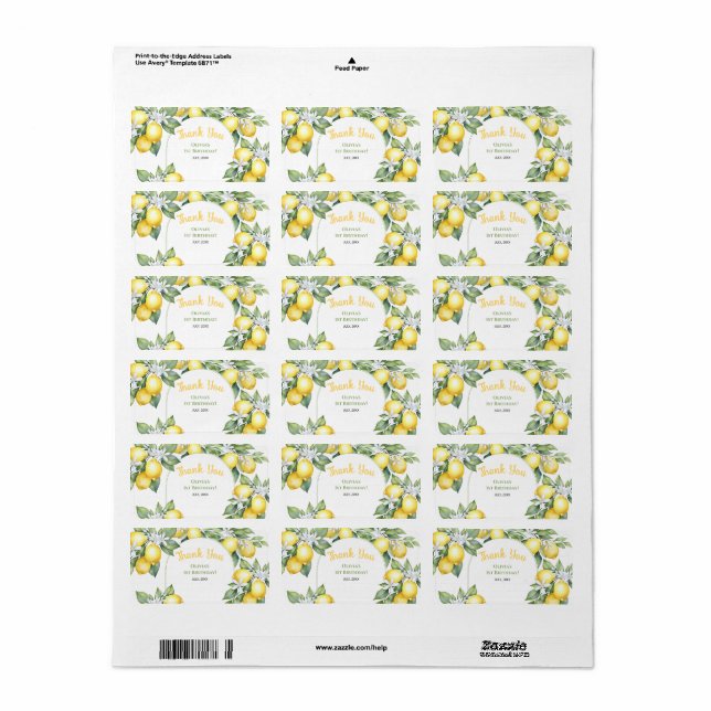 Lemon citrus birthday Return Address Label (Full Sheet)