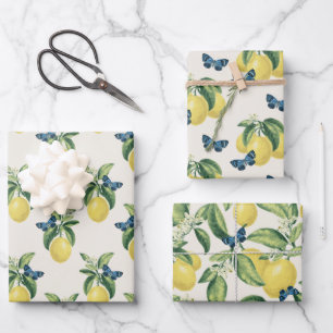 Lemon Citrus Blue Butterflies Wrapping Paper Sheet