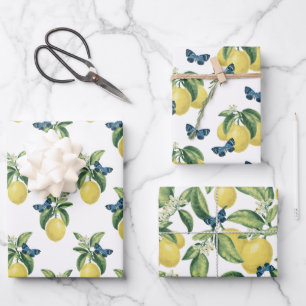 Lemon Citrus Blue Butterflies Wrapping Paper Sheet