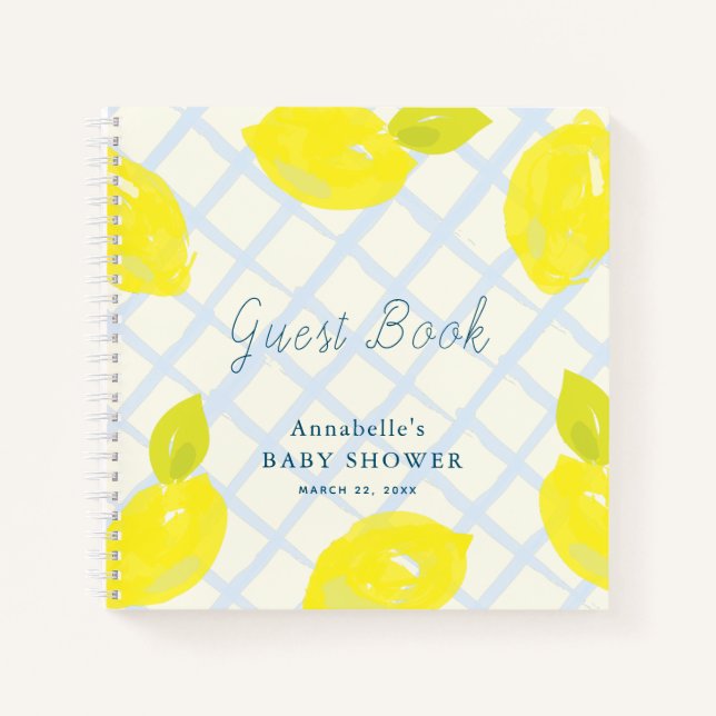 Lemon Citrus Blue Check Baby Shower Guest Book (Front)