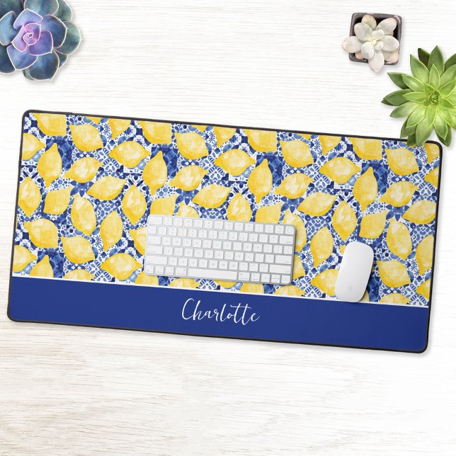 Lemon Citrus Blue Mediterranean Personalized (Modern lemon citrus Mediterranean blue tile personalized custom text desk mat)