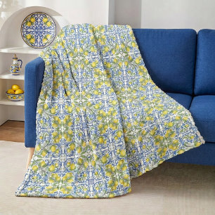 Lemon Citrus Blue Mediterranean Tile Pattern Fleece Blanket