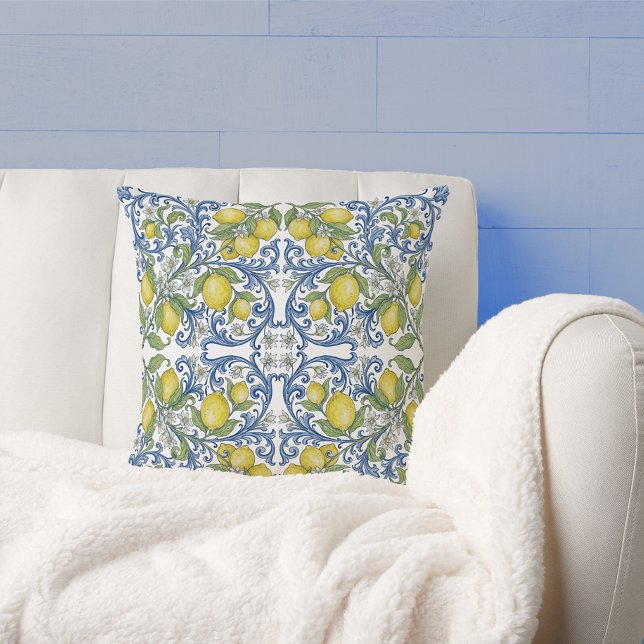 Lemon Citrus Blue Scroll Italian Tile Pattern Throw Pillow (Lemon Citrus Blue Scroll Italian Tile Pattern Throw Pillow)