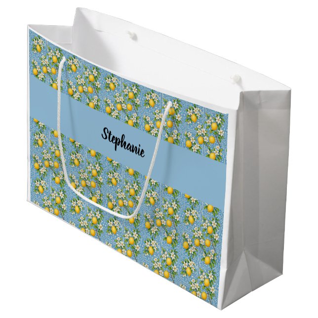 Lemon Citrus Blue Tile Pattern Monogram Name Large Gift Bag (Front Angled)