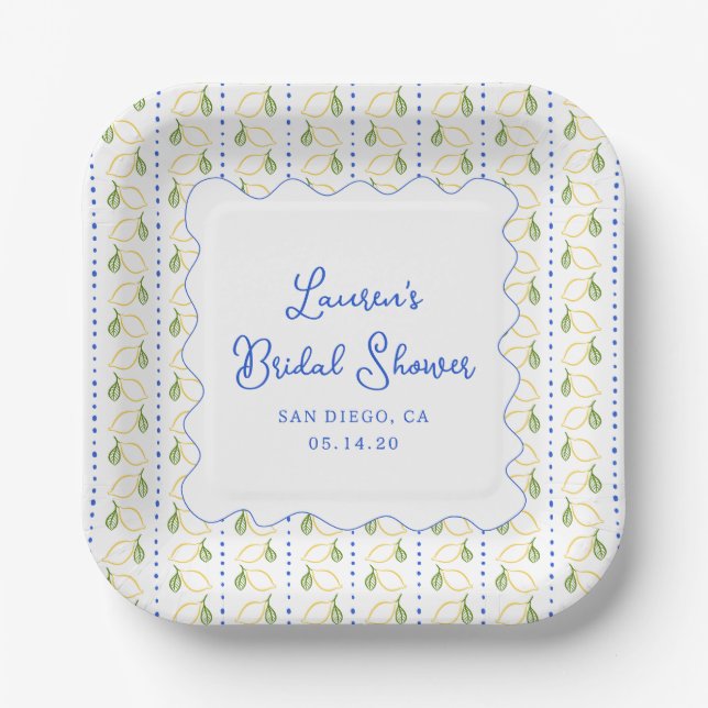 Lemon Citrus Blue & Yellow Amalfi Bridal Shower Paper Plate (Front)