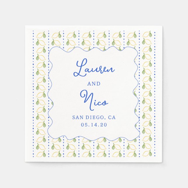 Lemon Citrus Blue & Yellow Amalfi Custom Wedding  Napkin (Front)