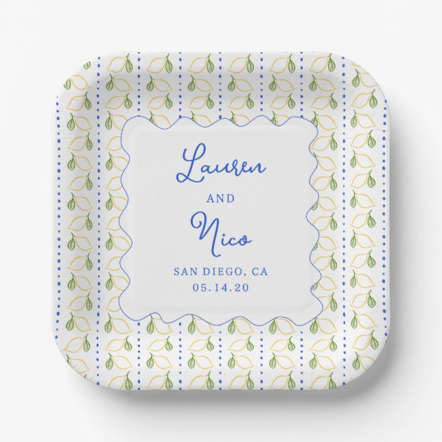 Lemon Citrus Blue & Yellow Amalfi Custom Wedding  Paper Plate (Front)