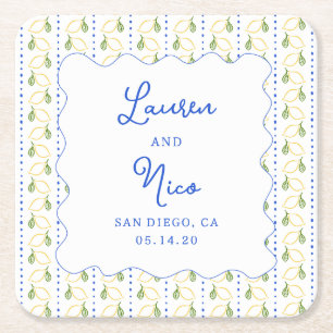 Lemon Citrus Blue & Yellow Amalfi Custom Wedding  Square Paper Coaster