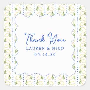 Lemon Citrus Blue & Yellow Wedding Thank You Square Sticker