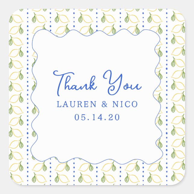 Lemon Citrus Blue & Yellow Wedding Thank You Square Sticker (Front)