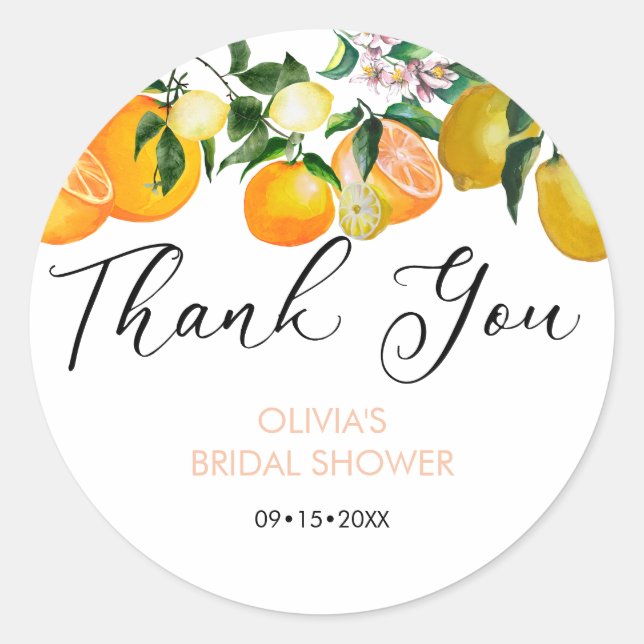 Lemon | Citrus | Bridal Shower Thank You Classic Round Sticker (Front)
