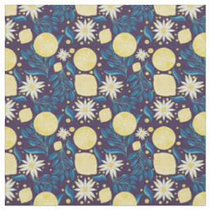 Lemon Citrus Dark Purple Floral  Fabric