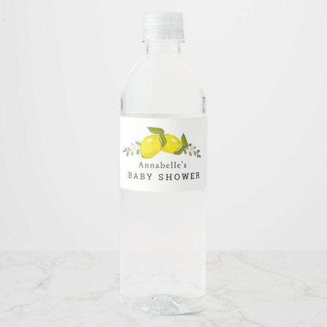 Lemon Citrus Floral Baby Shower Water Bottle Label (Front)