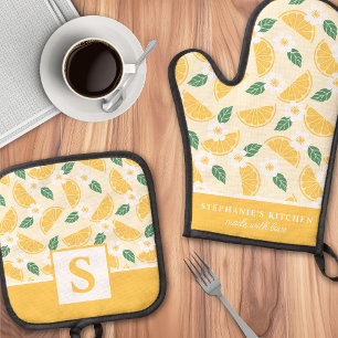 Lemon Citrus Floral Cute Summer Monogrammed Oven Mitt & Pot Holder Set