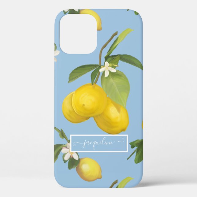Lemon Citrus Floral Dusty Blue Foliage Greenery Case-Mate iPhone Case (Back)