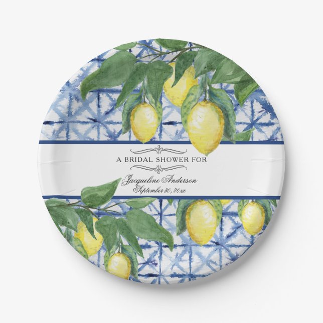 Lemon Citrus Floral Greenery Blue White Bridal Paper Plate (Front)