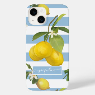 Lemon Citrus Floral  Greenery Blue White Striped Case-Mate iPhone 14 Case