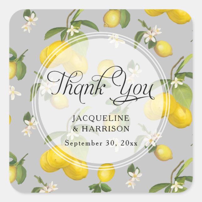Lemon Citrus Floral Greenery Grey Yellow Thank You Square Sticker (Front)