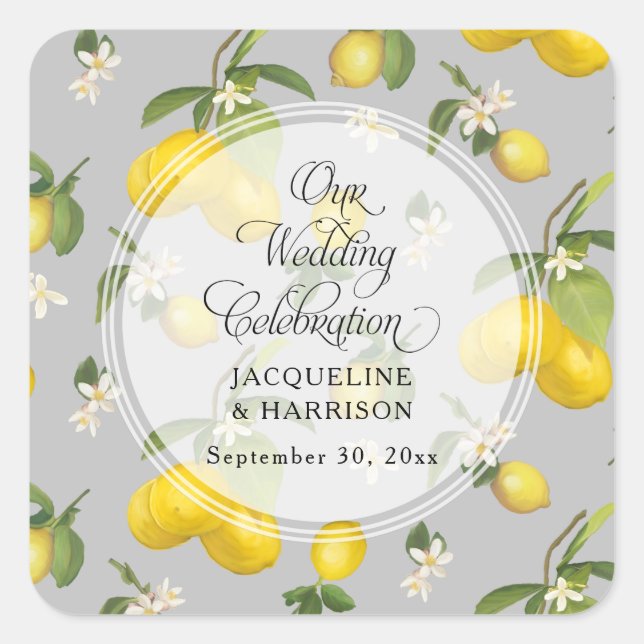 Lemon Citrus Floral Greenery Yellow n Grey Wedding Square Sticker (Front)