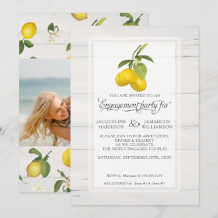 Lemon Citrus Floral Grey Yellow Foliage Engagement Invitation