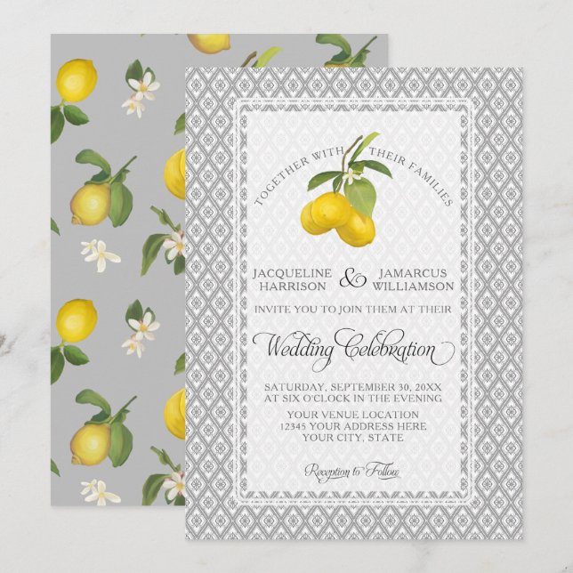 Lemon Citrus Floral Grey Yellow White Wedding Invitation (Front/Back)