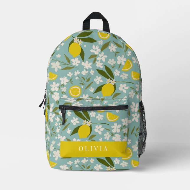 Lemon Citrus Floral Pattern Sky Blue Printed Backpack (Front)
