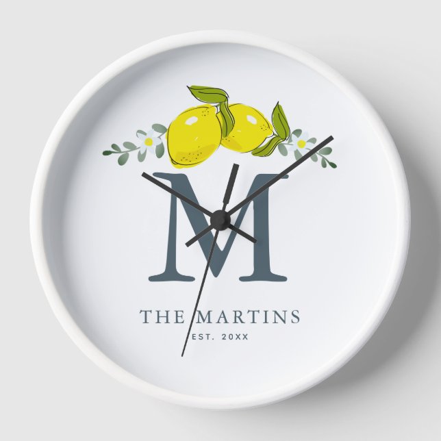 Lemon Citrus Floral White Monogram Clock (Front)