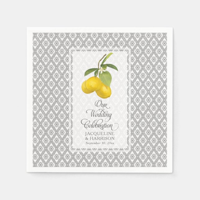 Lemon Citrus Flowers Yellow Grey White Wedding Napkin (Front)