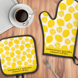 Lemon Citrus Fruit Pattern Yellow Personalized Oven Mitt & Pot Holder Set