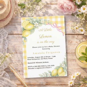 Lemon citrus gingham pink bow girl Baby Shower Invitation