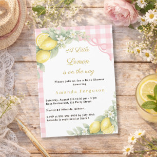 Lemon citrus gingham pink bow girl Baby Shower Invitation