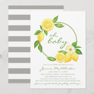 Lemon Citrus Green Grey Stripe Unisex Baby Shower Invitation
