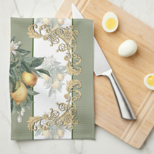 Lemon Citrus   Green & White Striped Elegant Kitchen Towel