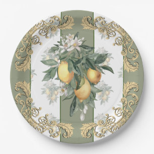 Lemon Citrus   Green & White Striped Elegant Paper Plate