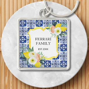 Lemon Citrus Italian Mediterranean Tiles Pattern Keychain