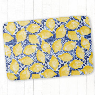 Lemon Citrus Mediterranean Blue White Tile Bath Mat