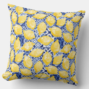 Lemon Citrus Mediterranean Blue White Tile Pattern Throw Pillow