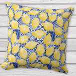 Lemon Citrus Mediterranean Blue White Tile Pattern Throw Pillow<br><div class="desc">Pretty yellow watercolor citrus lemons on an indigo blue and white tile pattern.  Fresh and summery to brighten up your home.  Original art by Nic Squirrell.</div>