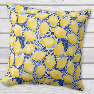 Lemon Citrus Mediterranean Blue White Tile Pattern Throw Pillow