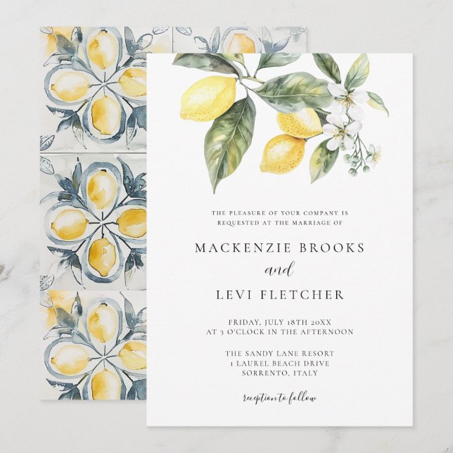 Lemon Citrus Mediterranean Tiles Nature Wedding Invitation (Front/Back)