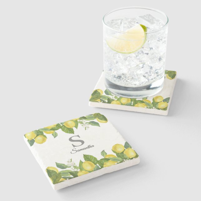 Lemon Citrus Monogram Name  Stone Coaster (Side)